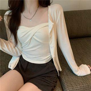 Set : Plain Camisole Top + Long-sleeve Cardigan