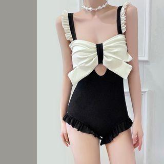Sleeveless Two Tone Ruffled Bow Cutout Swimsuit