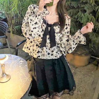 Floral Print Blouse Black Floral - White - One Size