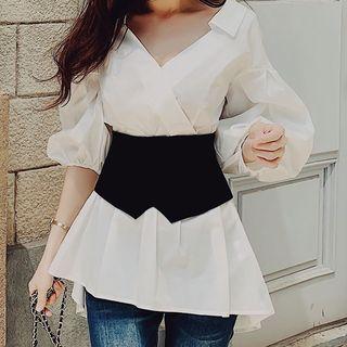 Color Block Puff-sleeve Blouse
