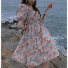 Puff-sleeve Floral Print Mini A-line Dress Floral - White & Orange - One Size