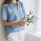 Open-placket Embroidered Denim Blouse
