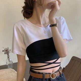 Black & White Short-sleeve Cross Strap Cropped T-shirt As Shown In Figure - One Size