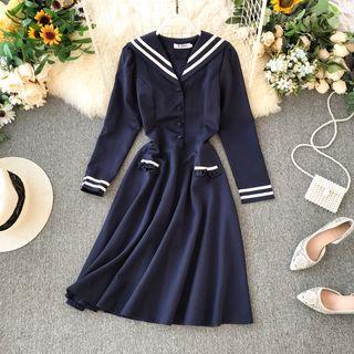 Sailor Collar Long-sleeve Midi A-line Dress