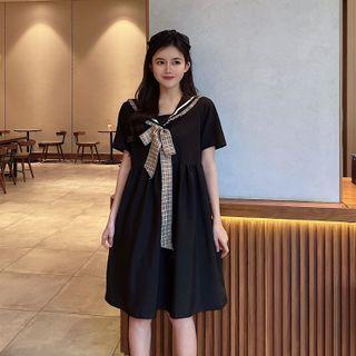 Plaid Panel Sailor Collar Midi A-line Dress