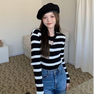 Round-neck Heart Cutout Striped Long-sleeve Top