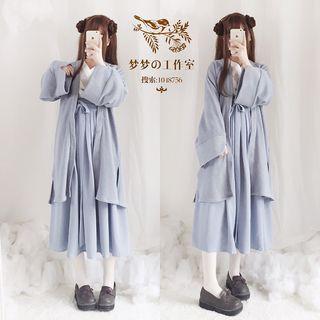 V-neck Two Tone Dress / Open Front Knitted Long Cardigan