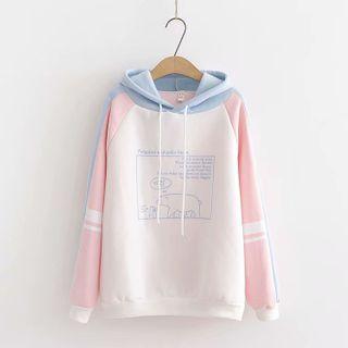 Bear Print Color-block Fleece-lined Hoodie