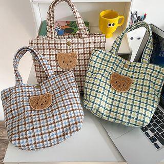 Bear Embroidered Houndstooth Lunch Bag