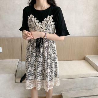 Set: Short-sleeve T-shirt Dress + Spaghetti Strap Lace A-line Dress