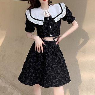 Puff-sleeve Cropped Blouse With Shawl / Mini A-line Skirt