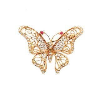 18k White Gold Butterfly Design Brooch Set With Diamond, Colorstone One Size