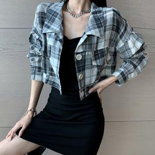 Long-sleeve Plaid Cropped Shirt / Spaghetti-strap Plain Shirred Dress