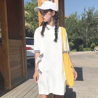 Striped Elbow Sleeve Polo Shirt Dress