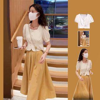 Square Neck Cropped Blouse / Midi A-line Skirt / Set