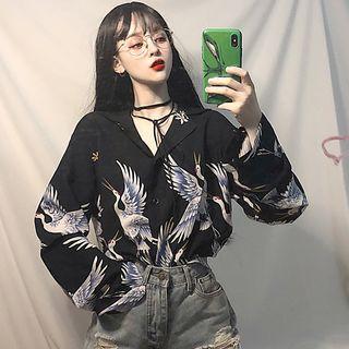 Long-sleeve Crane Print Blouse As Shown In Figure - One Size