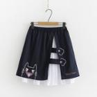 Pleated Chiffon Panel Cat Embroidered Mini A-line Skirt Navy Blue - One Size
