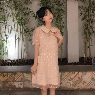 Set: Slipdress + Dotted Short-sleeve Collared Dress Set - Pink - One Size