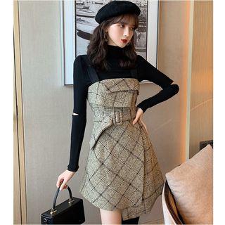 Turtleneck Long-sleeve T-shirt / Plaid Tie Waist A-line Dress