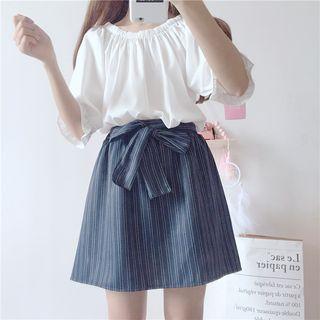 Collar Short-sleeve Shirt Top + Striped Semi Skirt Skort