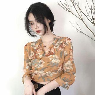Flower Print Chiffon Wrap Blouse As Shown In Figure - One Size