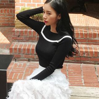 Square-neck Long-sleeve Contrast-trim Knit Top