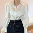 Long-sleeve Open-collar Silky Shirt Off-white - One Size