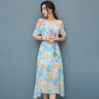 Cold Shoulder Floral Print Midi Sundress