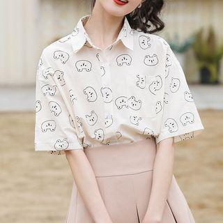 Short-sleeve Cartoon Print Shirt Almond - One Size