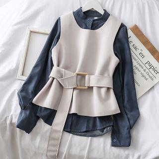 Set: Plain Shirt + Wool Vest With Belt Blue - One Size