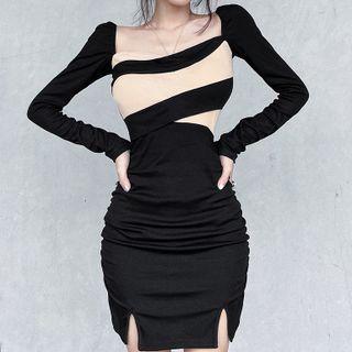 Long-sleeve Square Neck Two-tone Slit Mini Bodycon Dress