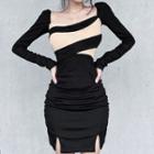 Long-sleeve Square Neck Two-tone Slit Mini Bodycon Dress