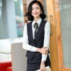 Bow Detail Shirt / Plaid Vest / Blazer / Dress Pants / Pencil Skirt / Set
