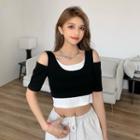 Elbow-sleeve Cold Shoulder Cropped T-shirt