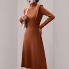 Long-sleeve Mock-neck Knit Midi A-line Dress Caramel - One Size