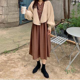 Puff-sleeve Ribbed Cardigan / Dot Print Midi Shirtdress