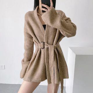 Plain Tie-waist Knit Cardigan