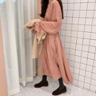 Open-placket Shirred Midi Dress