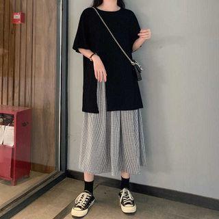 Set: Elbow-sleeve Slit T-shirt + Midi A-line Skirt