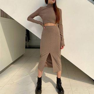 Set: Long Sleeve Mock Neck Ribbed-knit Crop Top + Slit Midi Skirt