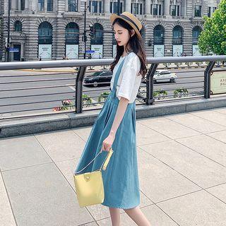 Set: Elbow-sleeve T-shirt + A-line Midi Suspender Skirt