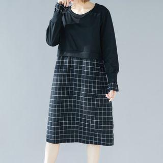 Long-sleeve Plaid Paneled Midi Dress