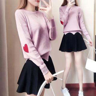 Long-sleeve Embroidered Knit Top / Mini A-line Skirt / Set