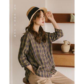 3/4-sleeve Plaid Shirt Khaki - One Size