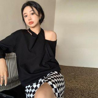 Long-sleeve Cut Out T-shirt / Check Pencil Skirt