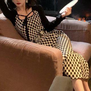 Long-sleeve Check Midi Sheath Dress