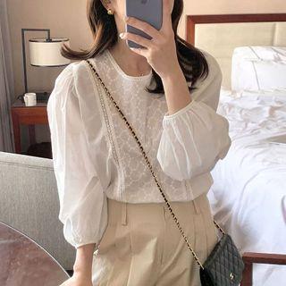 Balloon-sleeve Eyelet Lace Panel Blouse White - One Size