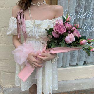 Floral Ruffle Trim Off-shoulder Mini A-line Dress Almond - One Size