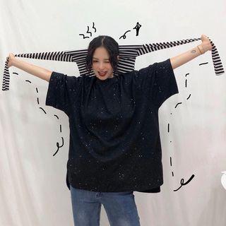 Set: Elbow-sleeve Oversized T-shirt + Long-sleeve Striped T-shirt