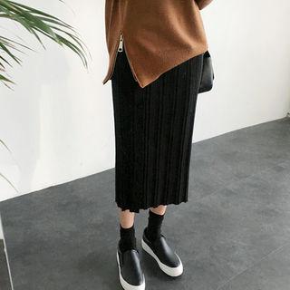 Band-waist Button-detail Midi Knit Skirt